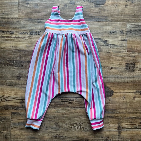 Rosey Posey Handmade Baby Girl Pink Striped Sleeveless Pull On Romper Size 9M - Picture 1 of 5